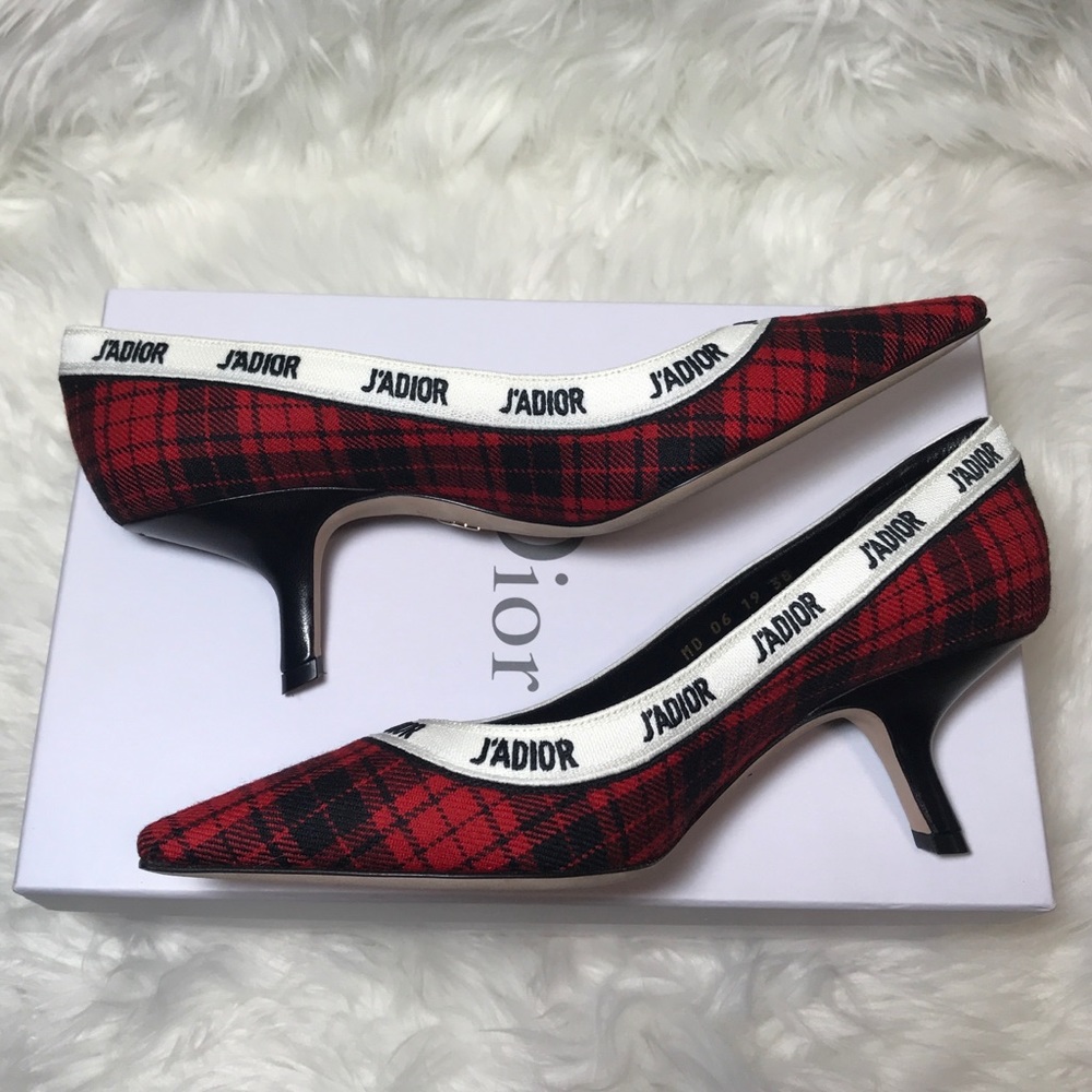 Christian Dior J’adior Red Tartan Print Plaid Kitten Heel Pump